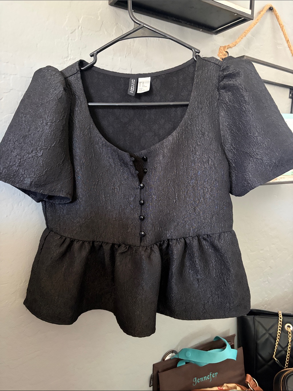 Divided Black Textured Puff-Sleeve Peplum Blouse
